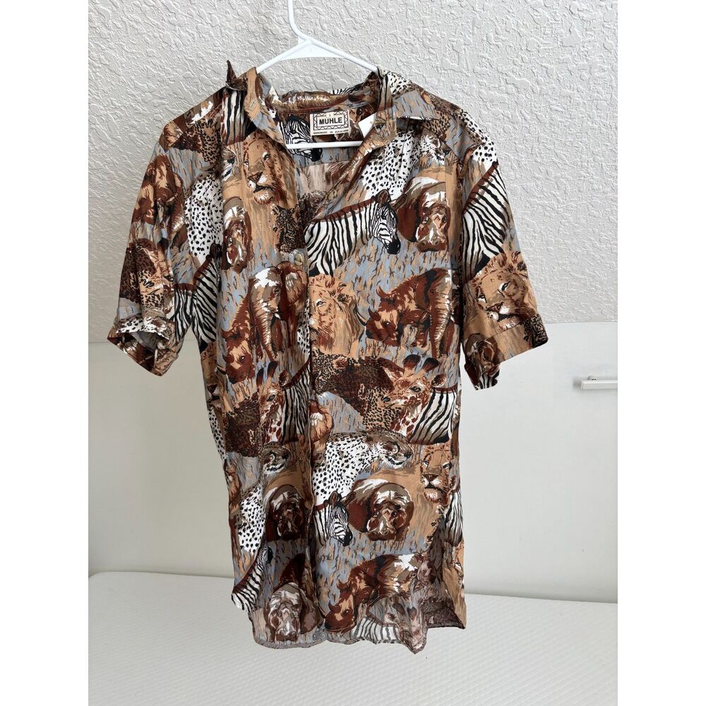 Muhle Mens Handmade in Zuzuland Safari Animal Print Shirt Short Sleeve Button Up